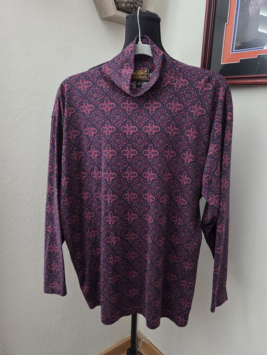 Eddie Bauer Tops - Eddie Bauer Pink & Teal Geometric Mock Neck Long Sleeve Tee VTG Fall Layering XL